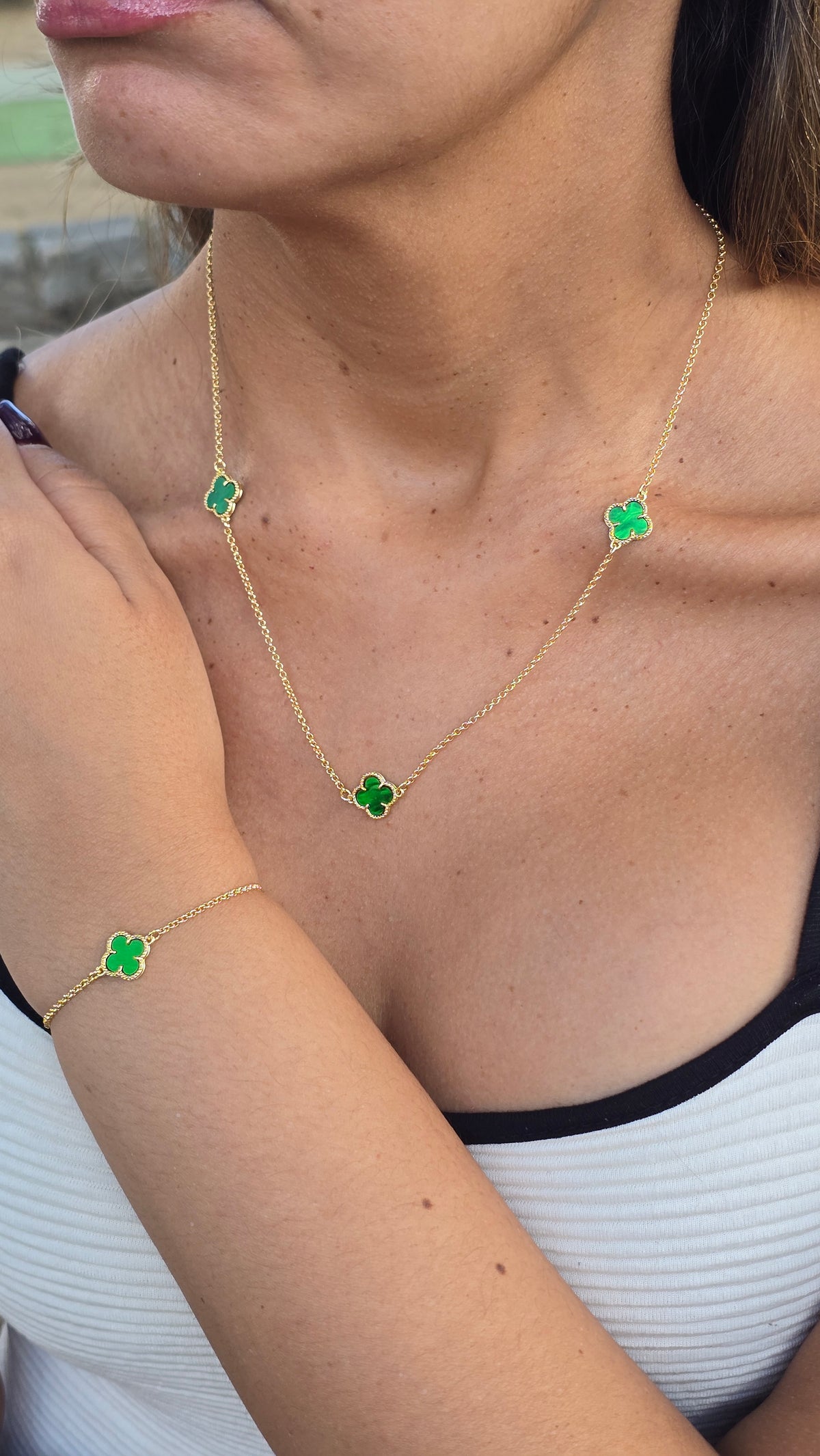Colar Trevo Verde Banhado a Ouro 18k