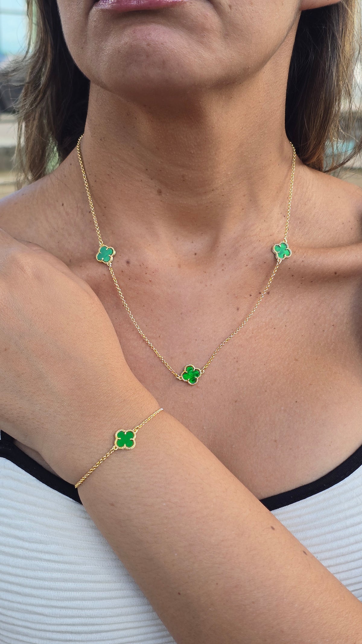Colar Trevo Verde Banhado a Ouro 18k