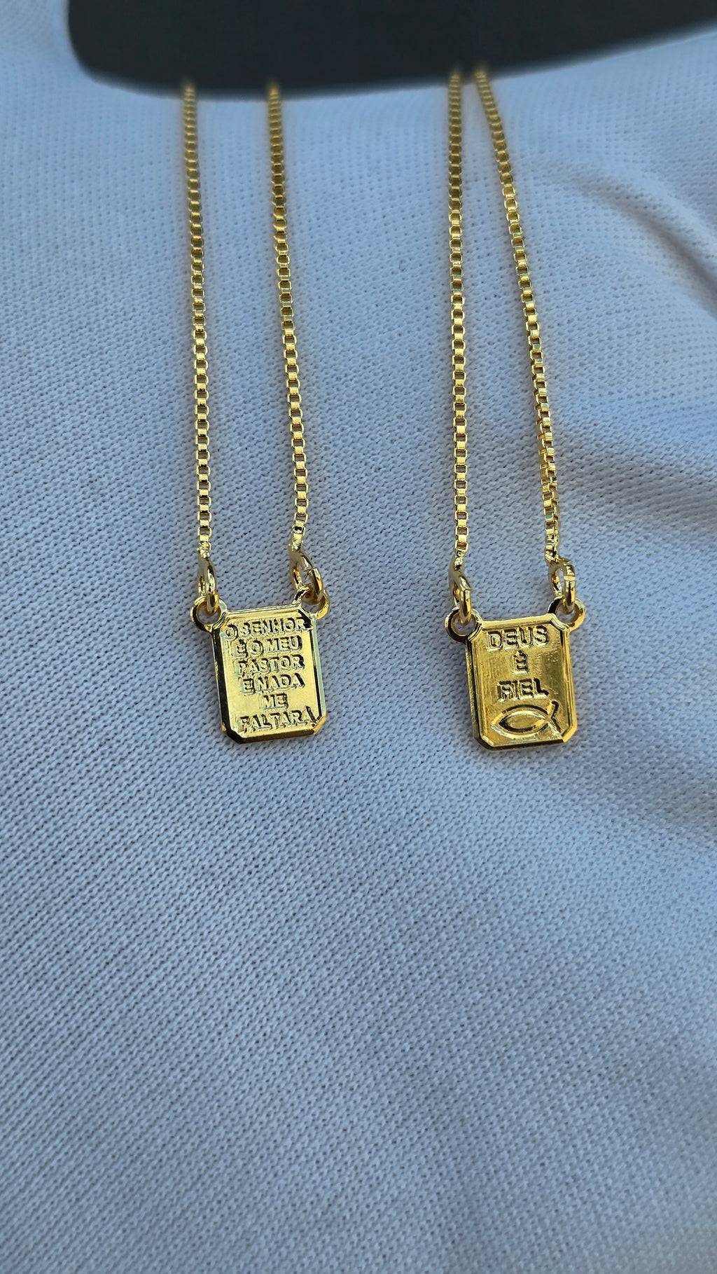 Escapulario Deus é Fiel + Pai nosso Banhado a Ouro 18k 70cm